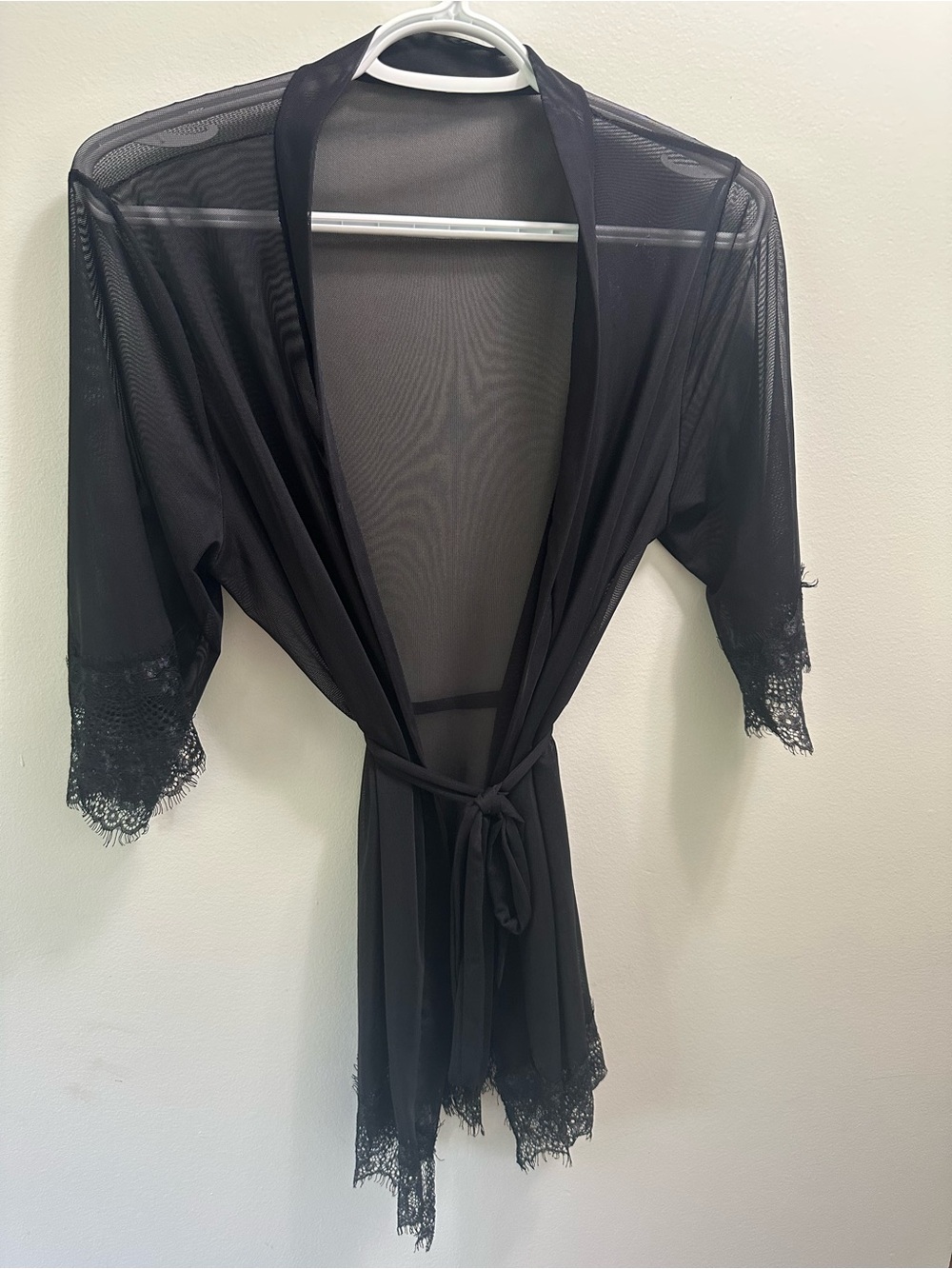 SHEIN Black Sheer Mesh Lace Trim Robe Cover-Up | Size Medium